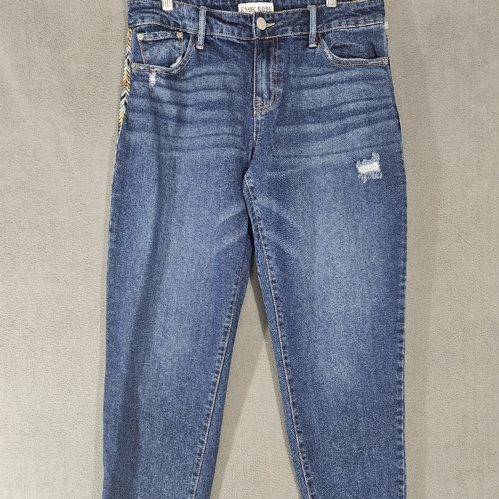 Knox Rose Y2K Womens 8 High-Rise Boyfriend Side Embroidery Jeans Blue Stretch